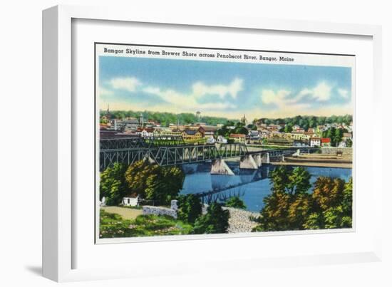 Bangor, Maine, Brewer Shore View of Bangor Skyline, Penobscot River-Lantern Press-Framed Art Print