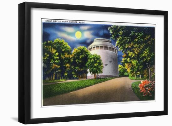 Bangor, Maine, View of the Stand Pipe at Night-Lantern Press-Framed Art Print
