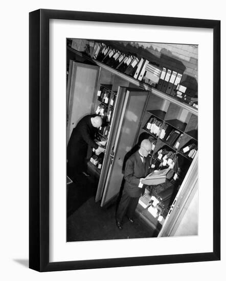 Bank Workers Filing Textile Shares in Steel Vaults at Deutches Bank-Margaret Bourke-White-Framed Photographic Print