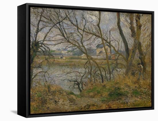 Banks of the River Oise Near Pontoise, Grey Sky, 1878-Camille Pissarro-Framed Stretched Canvas