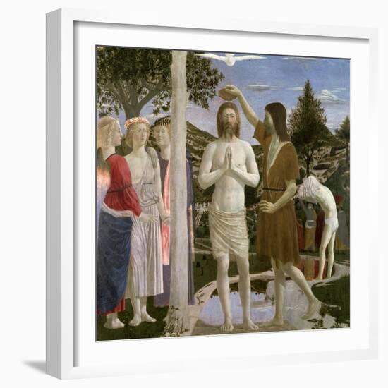 Baptism of Christ, Detail of Christ, John the Baptist and Angels, 1450-Piero della Francesca-Framed Giclee Print