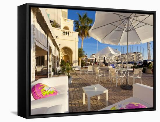 Bar at Queensway Quay Marina, Gibraltar, Mediterranean, Europe-Giles Bracher-Framed Stretched Canvas