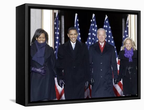 Barack Obama and the Joe Biden, Along with Their Wives, are Introduced at the War Memorial Plaza-null-Framed Stretched Canvas