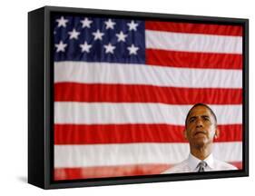 Barack Obama in front of US Flag, Flint, MI-null-Framed Stretched Canvas