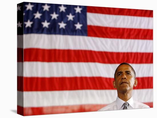 Barack Obama in front of US Flag, Flint, MI-null-Stretched Canvas