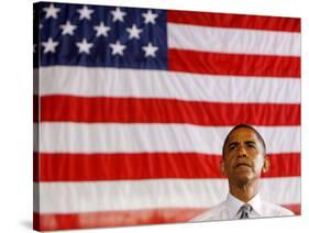 Barack Obama in front of US Flag, Flint, MI-null-Stretched Canvas