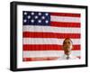 Barack Obama in front of US Flag, Flint, MI-null-Framed Premium Photographic Print