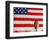 Barack Obama in front of US Flag, Flint, MI-null-Framed Photographic Print