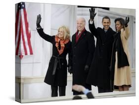 Barack Obama, Joe Biden and Their Wives Wave During the Inaugural Celebration at Lincoln Memorial-null-Stretched Canvas