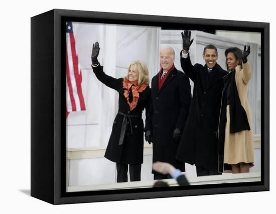 Barack Obama, Joe Biden and Their Wives Wave During the Inaugural Celebration at Lincoln Memorial-null-Framed Stretched Canvas