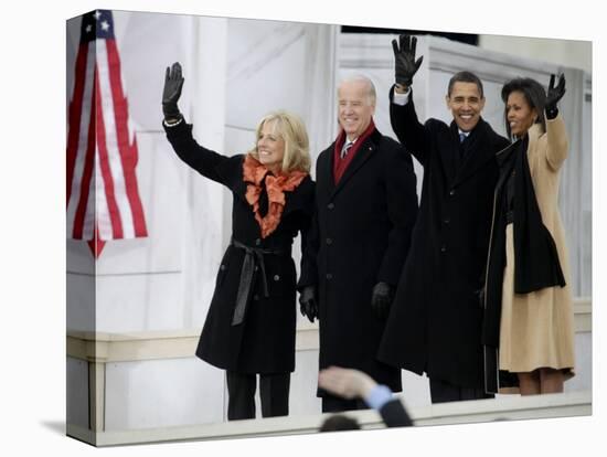 Barack Obama, Joe Biden and Their Wives Wave During the Inaugural Celebration at Lincoln Memorial-null-Stretched Canvas