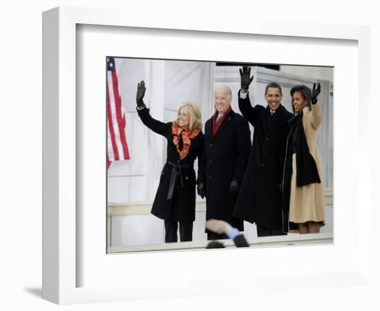 Barack Obama, Joe Biden and Their Wives Wave During the Inaugural Celebration at Lincoln Memorial-null-Framed Photographic Print