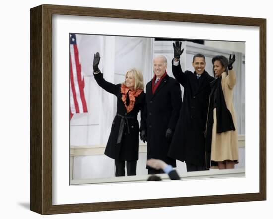 Barack Obama, Joe Biden and Their Wives Wave During the Inaugural Celebration at Lincoln Memorial-null-Framed Photographic Print