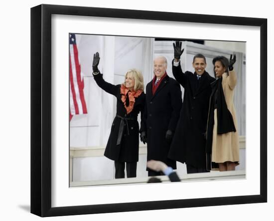 Barack Obama, Joe Biden and Their Wives Wave During the Inaugural Celebration at Lincoln Memorial-null-Framed Photographic Print