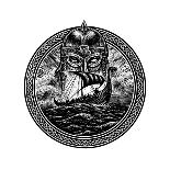 God Odin Storm Sea and Drakkar . Illustration of a Circle. Viking Emblem Viking Ship. Norse God-Barandash Karandashich-Art Print