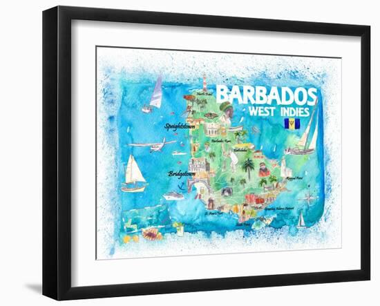 Barbados Antilles Illustrated Caribbean Travel Map with Highlights of West Indies Island Dream-M. Bleichner-Framed Art Print