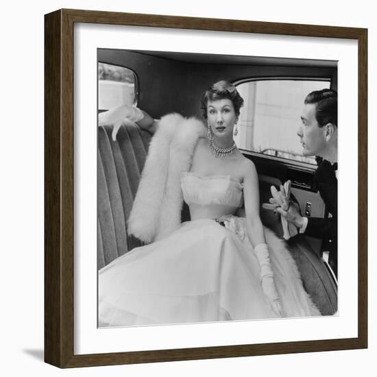 Barbara Goalen in a Julian Rose Evening Dress with Tommy Kyle, 1950-John French-Framed Premium Giclee Print