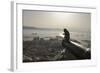 Barbary Macaque (Macaca Sylvanus) Resting on Old Canon at Sunrise-Mark Macewen-Framed Photographic Print