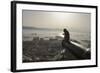 Barbary Macaque (Macaca Sylvanus) Resting on Old Canon at Sunrise-Mark Macewen-Framed Photographic Print