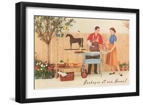 Barbecue at our House, Suburban Patio and Fence-null-Framed Art Print