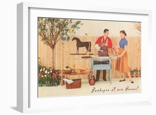 Barbecue at our House, Suburban Patio and Fence-null-Framed Art Print