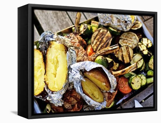 Barbecued Vegetables, Baked Potatoes, Lamb Chops on Barbecue Tray-Herbert Lehmann-Framed Stretched Canvas