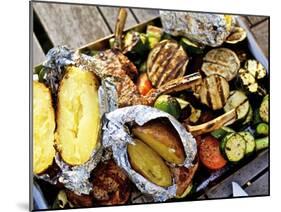 Barbecued Vegetables, Baked Potatoes, Lamb Chops on Barbecue Tray-Herbert Lehmann-Mounted Photographic Print
