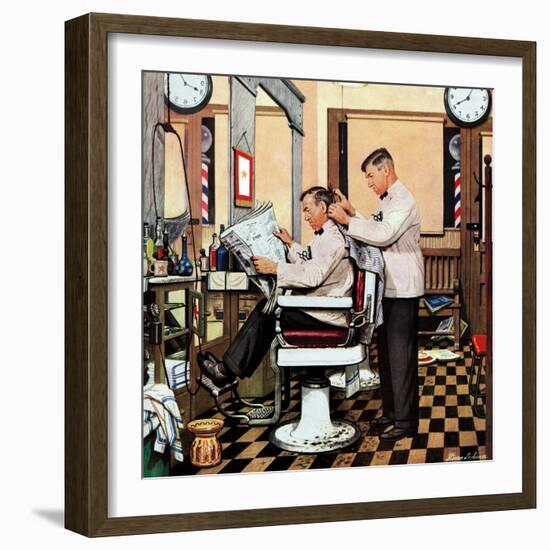 "Barber Getting Haircut," January 26, 1946-Stevan Dohanos-Framed Giclee Print