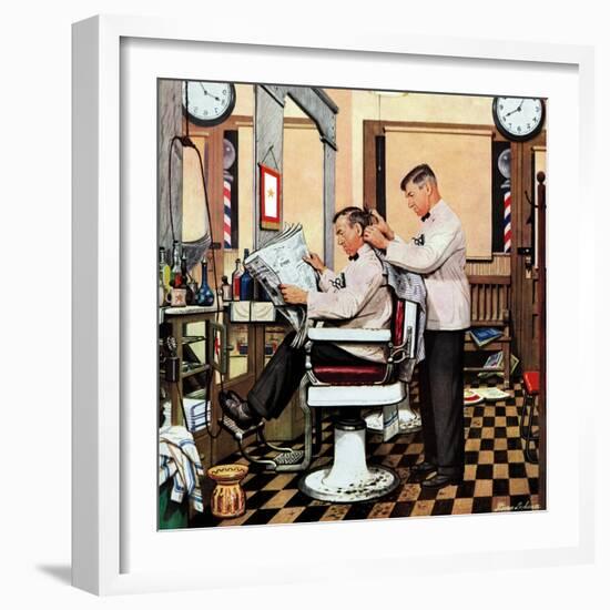 "Barber Getting Haircut," January 26, 1946-Stevan Dohanos-Framed Giclee Print