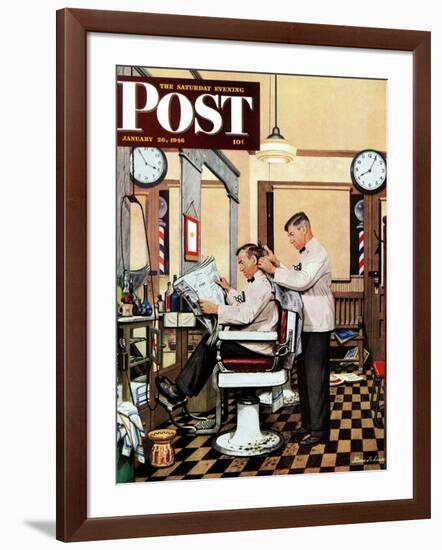 "Barber Getting Haircut," Saturday Evening Post Cover, January 26, 1946-Stevan Dohanos-Framed Giclee Print