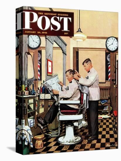 "Barber Getting Haircut," Saturday Evening Post Cover, January 26, 1946-Stevan Dohanos-Stretched Canvas