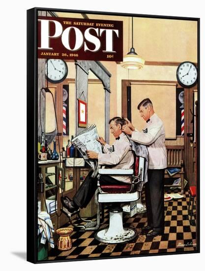 "Barber Getting Haircut," Saturday Evening Post Cover, January 26, 1946-Stevan Dohanos-Framed Stretched Canvas