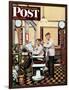 "Barber Getting Haircut," Saturday Evening Post Cover, January 26, 1946-Stevan Dohanos-Framed Giclee Print