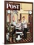 "Barber Getting Haircut," Saturday Evening Post Cover, January 26, 1946-Stevan Dohanos-Framed Giclee Print