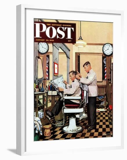 "Barber Getting Haircut," Saturday Evening Post Cover, January 26, 1946-Stevan Dohanos-Framed Giclee Print