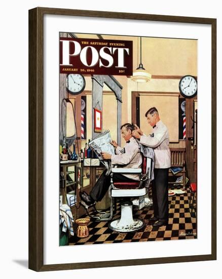 "Barber Getting Haircut," Saturday Evening Post Cover, January 26, 1946-Stevan Dohanos-Framed Giclee Print