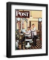 "Barber Getting Haircut," Saturday Evening Post Cover, January 26, 1946-Stevan Dohanos-Framed Giclee Print