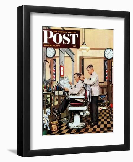 "Barber Getting Haircut," Saturday Evening Post Cover, January 26, 1946-Stevan Dohanos-Framed Giclee Print