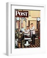 "Barber Getting Haircut," Saturday Evening Post Cover, January 26, 1946-Stevan Dohanos-Framed Giclee Print