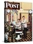 "Barber Getting Haircut," Saturday Evening Post Cover, January 26, 1946-Stevan Dohanos-Stretched Canvas