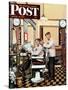 "Barber Getting Haircut," Saturday Evening Post Cover, January 26, 1946-Stevan Dohanos-Stretched Canvas