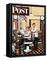 "Barber Getting Haircut," Saturday Evening Post Cover, January 26, 1946-Stevan Dohanos-Framed Stretched Canvas