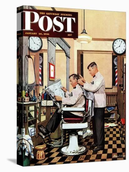 "Barber Getting Haircut," Saturday Evening Post Cover, January 26, 1946-Stevan Dohanos-Stretched Canvas