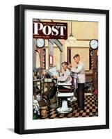 "Barber Getting Haircut," Saturday Evening Post Cover, January 26, 1946-Stevan Dohanos-Framed Premium Giclee Print