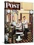 "Barber Getting Haircut," Saturday Evening Post Cover, January 26, 1946-Stevan Dohanos-Stretched Canvas