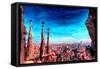 Barcelona City View and Sagrada Familia-Markus Bleichner-Framed Stretched Canvas