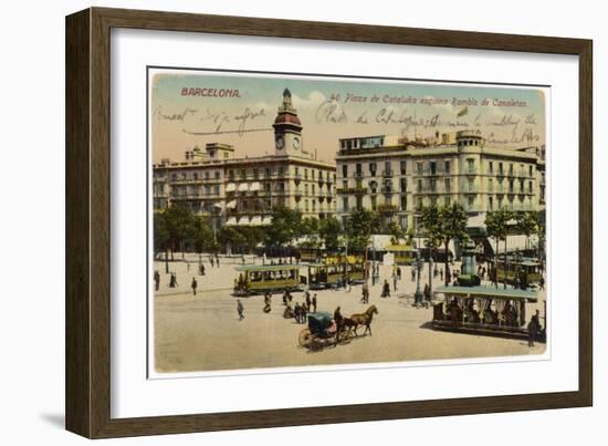 Barcelona: Plaza De Cataluna with People and Traffic-null-Framed Photographic Print