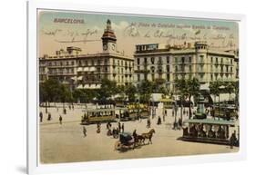 Barcelona: Plaza De Cataluna with People and Traffic-null-Framed Photographic Print