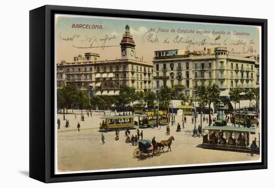 Barcelona: Plaza De Cataluna with People and Traffic-null-Framed Stretched Canvas