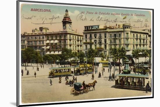 Barcelona: Plaza De Cataluna with People and Traffic-null-Mounted Photographic Print